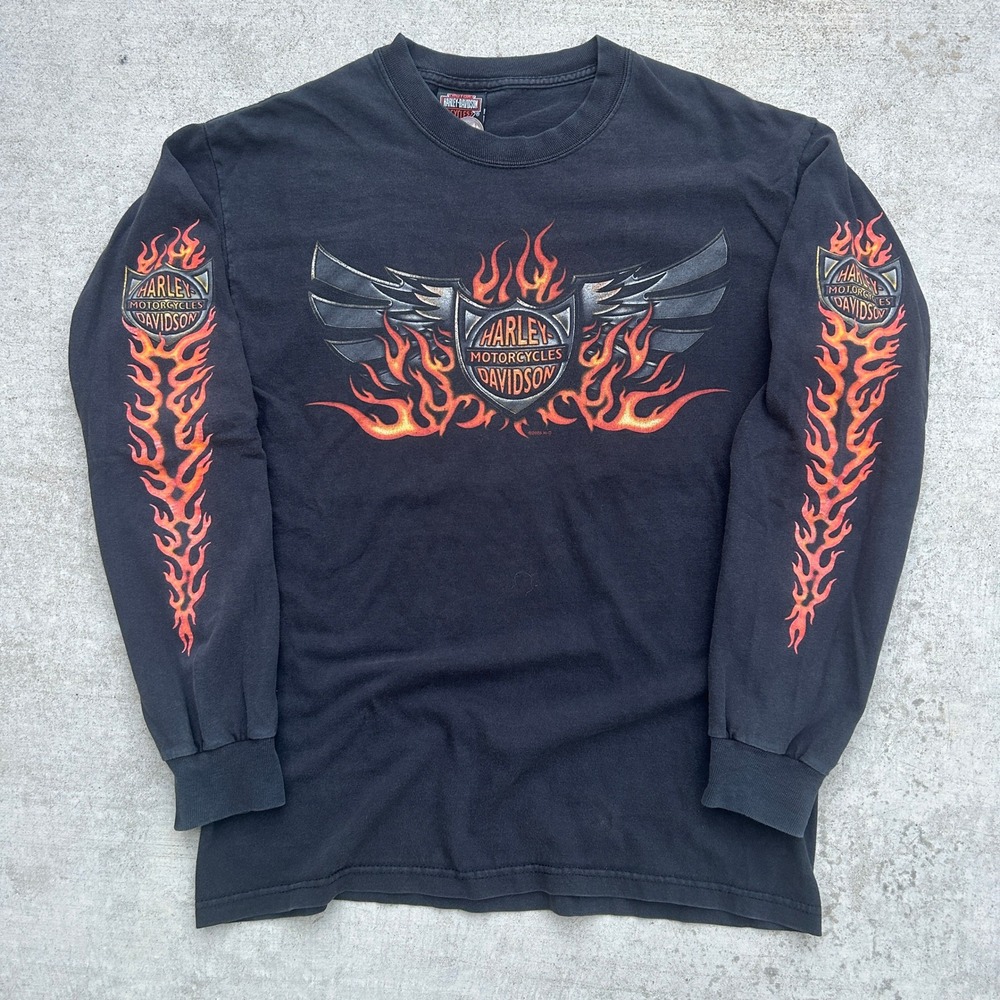 Vintage Harley Flame Sleeve Winged Center Logo Boston 90s Medium RARE